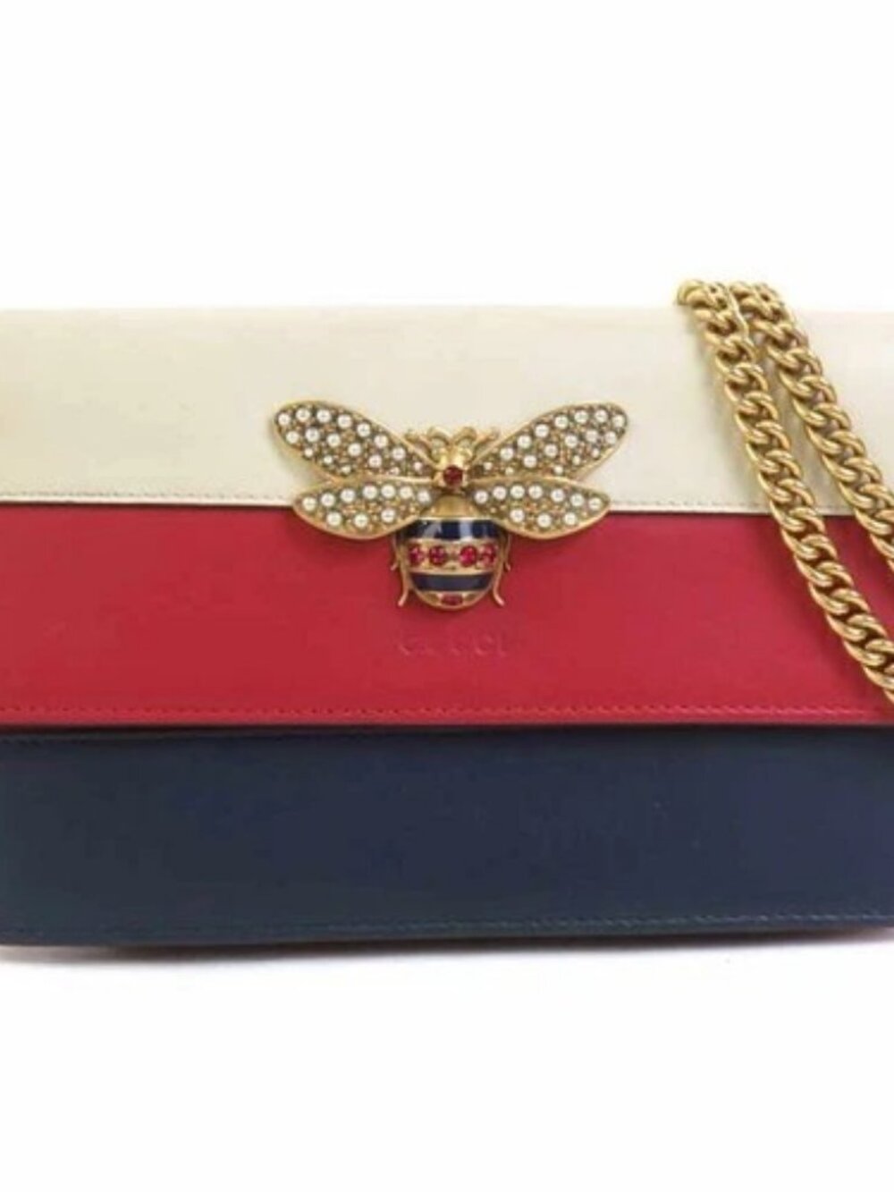 Auth GUCCI Queen Margaret Chain Wallet Crossbody Bag Navy/Red/Off White r11173k